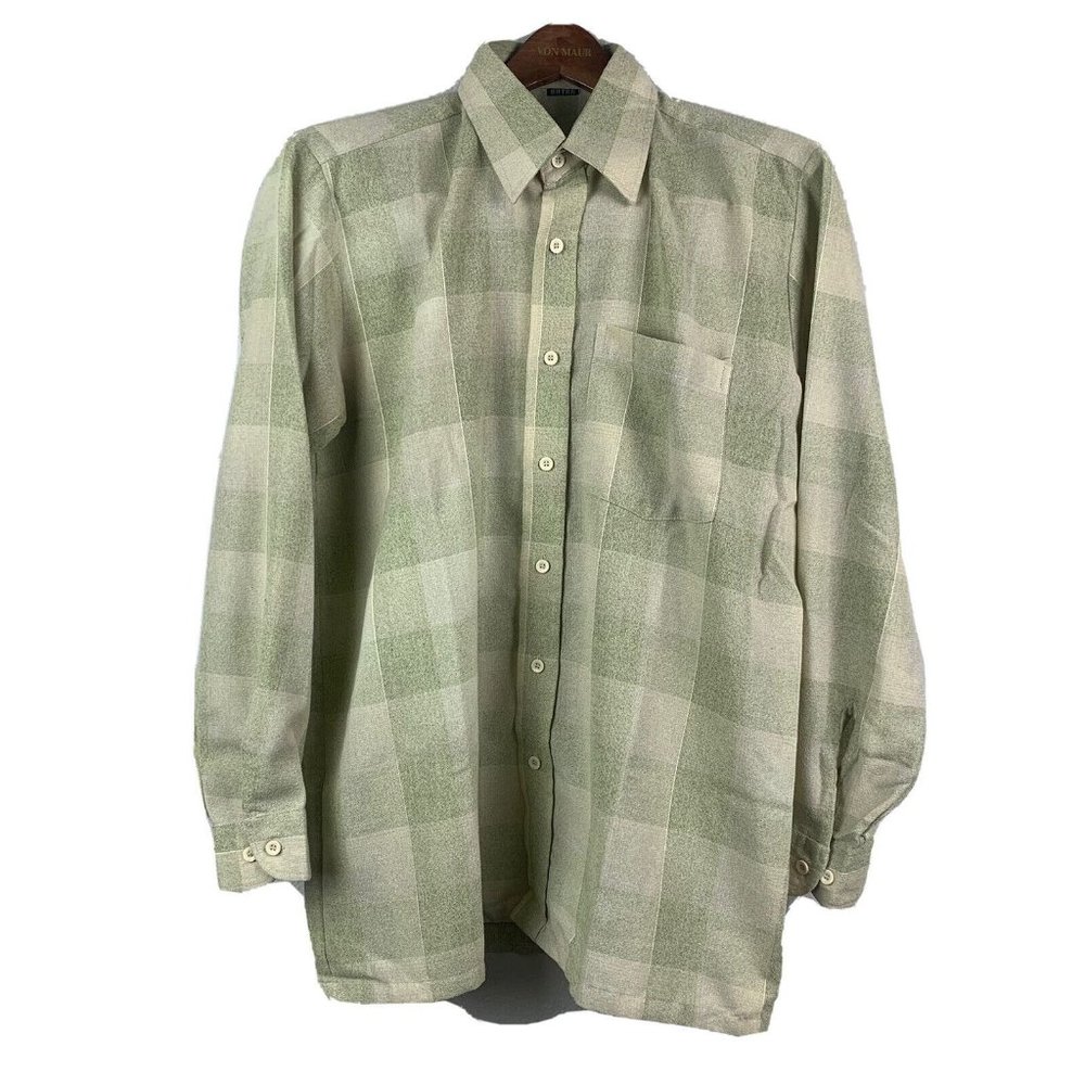 Batra Mens Large Long Sleeve Button Front Dress Shirt Textured Green Checkered